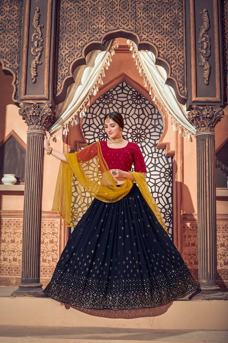 Navy Blue Semi-Stitched Lehenga Choli Set With Dupatta
