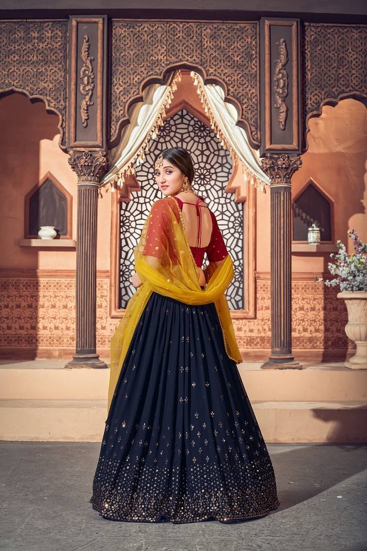 Navy Blue Semi-Stitched Lehenga Choli Set With Dupatta