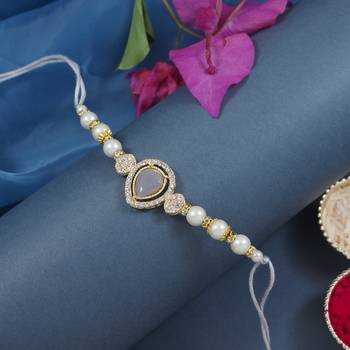 designer kundan pearl bhaiya rakhi with roli chawal for brother/bro/men with rakshabandhan card  1
