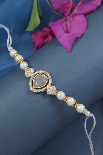 designer kundan pearl bhaiya rakhi with roli chawal for brother/bro/men with rakshabandhan card (r146gr)