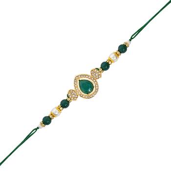 designer kundan pearl bhaiya rakhi with roli chawal for brother/bro/men with rakshabandhan card  1