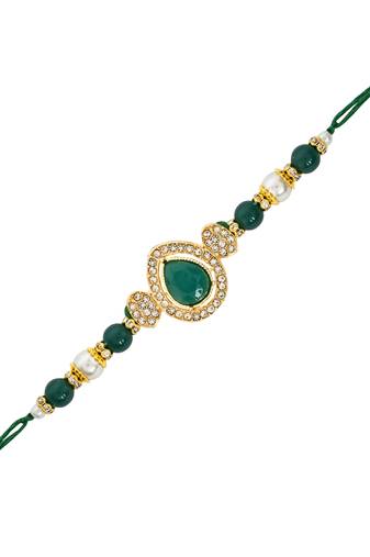 designer kundan pearl bhaiya rakhi with roli chawal for brother/bro/men with rakshabandhan card (r146g)