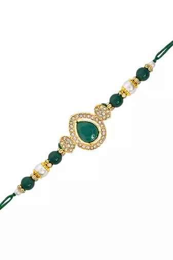 designer kundan pearl bhaiya rakhi with roli chawal for brother/bro/men with rakshabandhan card (r146g)