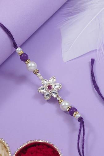 designer kundan pearl bhaiya rakhi with roli chawal & rakshabandhan card for brother/bro/bhai/men (r145wi)