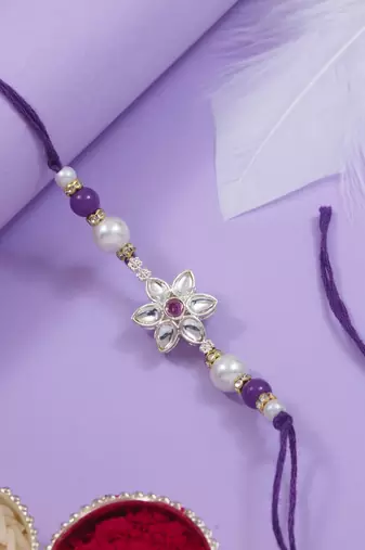 designer kundan pearl bhaiya rakhi with roli chawal & rakshabandhan card for brother/bro/bhai/men (r145wi)
