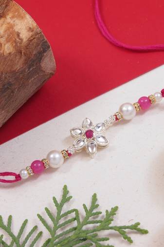 designer kundan pearl bhaiya rakhi with roli chawal & rakshabandhan card for brother/bro/bhai/men (r145q)