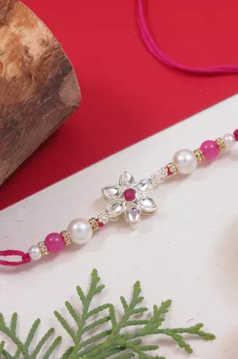 designer kundan pearl bhaiya rakhi with roli chawal & rakshabandhan card for brother/bro/bhai/men (r145q)