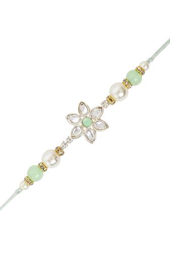 designer kundan pearl bhaiya rakhi with roli chawal & rakshabandhan card for brother/bro/bhai/men (r145min)
