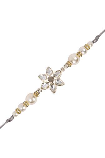 designer kundan pearl bhaiya rakhi with roli chawal & rakshabandhan card for brother/bro/bhai/men (r145gr)