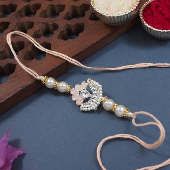 designer kundan pearl rakhi with roli chawal & rakshabandhan card for brother/bro/bhai/men  1