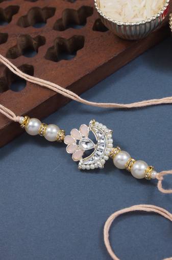 designer kundan pearl rakhi with roli chawal & rakshabandhan card for brother/bro/bhai/men (r143pe)