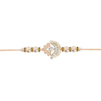 designer kundan pearl rakhi with roli chawal & rakshabandhan card for brother/bro/bhai/men  3