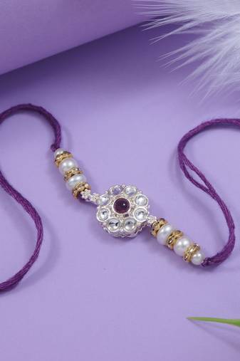 designer kundan pearl bhaiya rakhi with roli chawal & rakshabandhan card for brother/bro/bhai/men (r144wi)