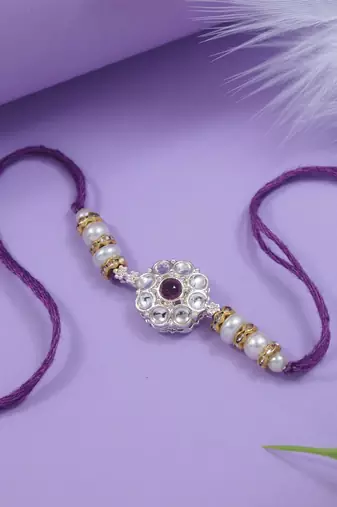 designer kundan pearl bhaiya rakhi with roli chawal & rakshabandhan card for brother/bro/bhai/men (r144wi)