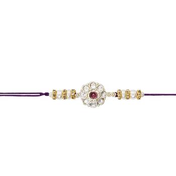 designer kundan pearl bhaiya rakhi with roli chawal & rakshabandhan card for brother/bro/bhai/men  3