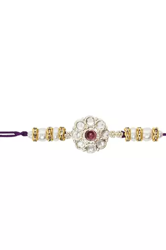 designer kundan pearl bhaiya rakhi with roli chawal & rakshabandhan card for brother/bro/bhai/men 