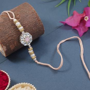 designer kundan pearl bhaiya rakhi with roli chawal & rakshabandhan card for brother/bro/bhai/men  1