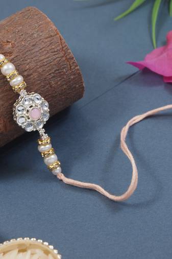 designer kundan pearl bhaiya rakhi with roli chawal & rakshabandhan card for brother/bro/bhai/men (r144pe)