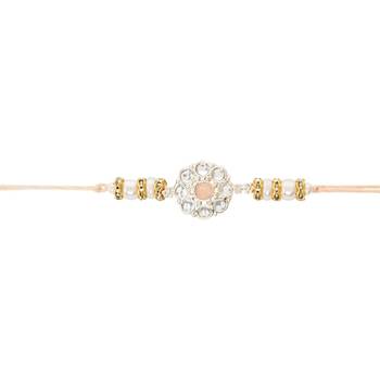 designer kundan pearl bhaiya rakhi with roli chawal & rakshabandhan card for brother/bro/bhai/men  3