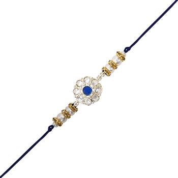 designer kundan pearl rakhi with roli chawal & rakshabandhan card for brother/bro/bhai/men  1