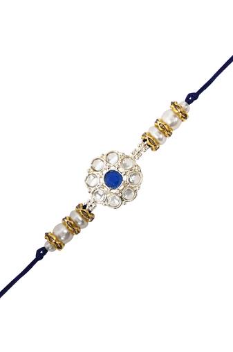 designer kundan pearl rakhi with roli chawal & rakshabandhan card for brother/bro/bhai/men (r144bl)