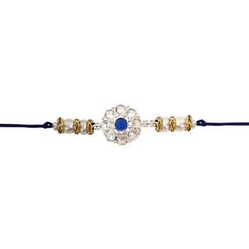 designer kundan pearl rakhi with roli chawal & rakshabandhan card for brother/bro/bhai/men  2