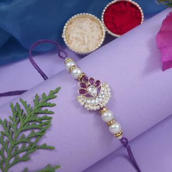 designer kundan pearl rakhi with roli chawal & rakshabandhan card for brother/bro/bhai/men  1