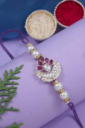 designer kundan pearl rakhi with roli chawal & rakshabandhan card for brother/bro/bhai/men (r143wi)