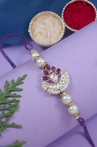 designer kundan pearl rakhi with roli chawal & rakshabandhan card for brother/bro/bhai/men (r143wi)