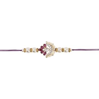 designer kundan pearl rakhi with roli chawal & rakshabandhan card for brother/bro/bhai/men  3