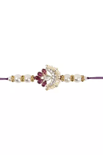 designer kundan pearl rakhi with roli chawal & rakshabandhan card for brother/bro/bhai/men 