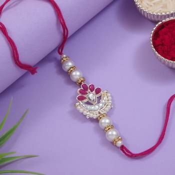 designer kundan pearl rakhi with roli chawal & rakshabandhan card for brother/bro/bhai/men  1