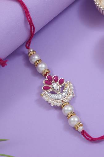 designer kundan pearl rakhi with roli chawal & rakshabandhan card for brother/bro/bhai/men (r143q)