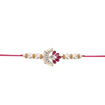 designer kundan pearl rakhi with roli chawal & rakshabandhan card for brother/bro/bhai/men  3