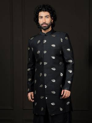 Men'S Black Viscose Sherwani Only Top 1