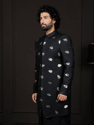 Men'S Black Viscose Sherwani Only Top 2