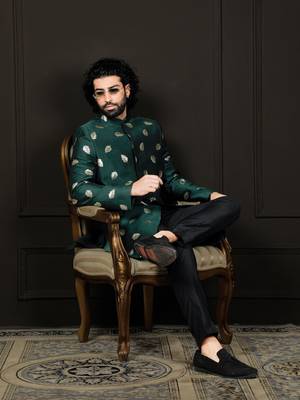 men's green and black jacquard viscose sherwani set 1