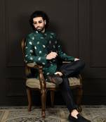 men's green and black jacquard viscose sherwani set