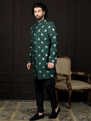 men's green and black jacquard viscose sherwani set 2