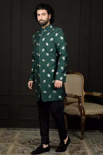 men's green and black jacquard viscose sherwani set