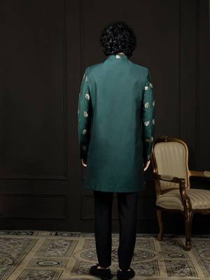 men's green and black jacquard viscose sherwani set 3