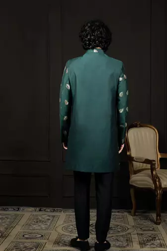 men's green and black jacquard viscose sherwani set