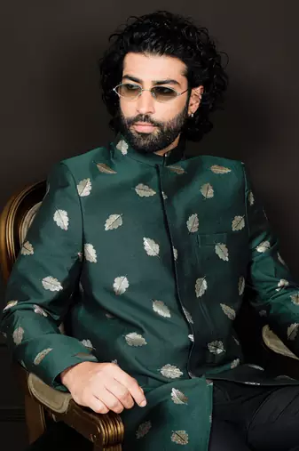 men's green and black jacquard viscose sherwani set
