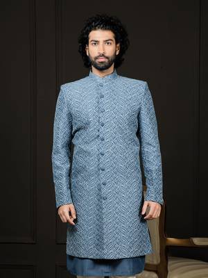 Men'S Blue Cotton Blend Sherwani Only Top 1