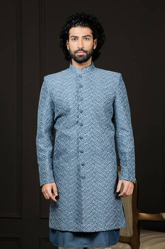 Men'S Blue Cotton Blend Sherwani Only Top