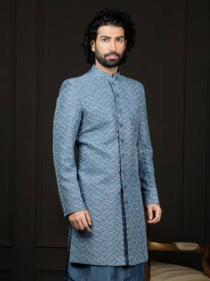 Men'S Blue Cotton Blend Sherwani Only Top 2