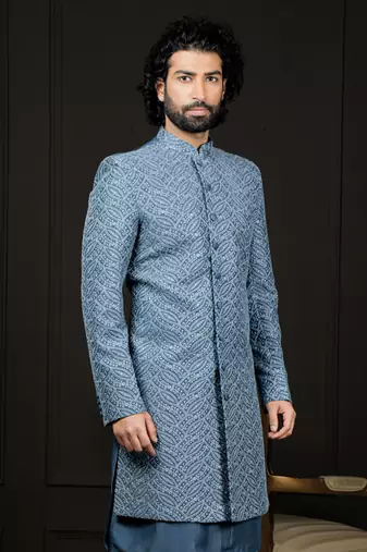 Men'S Blue Cotton Blend Sherwani Only Top