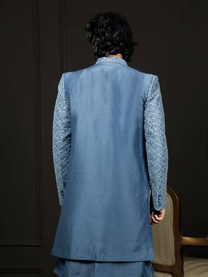 Men'S Blue Cotton Blend Sherwani Only Top 3
