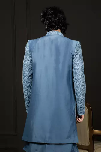 Men'S Blue Cotton Blend Sherwani Only Top