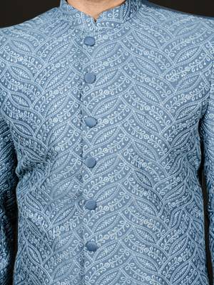 Men'S Blue Cotton Blend Sherwani Only Top 4